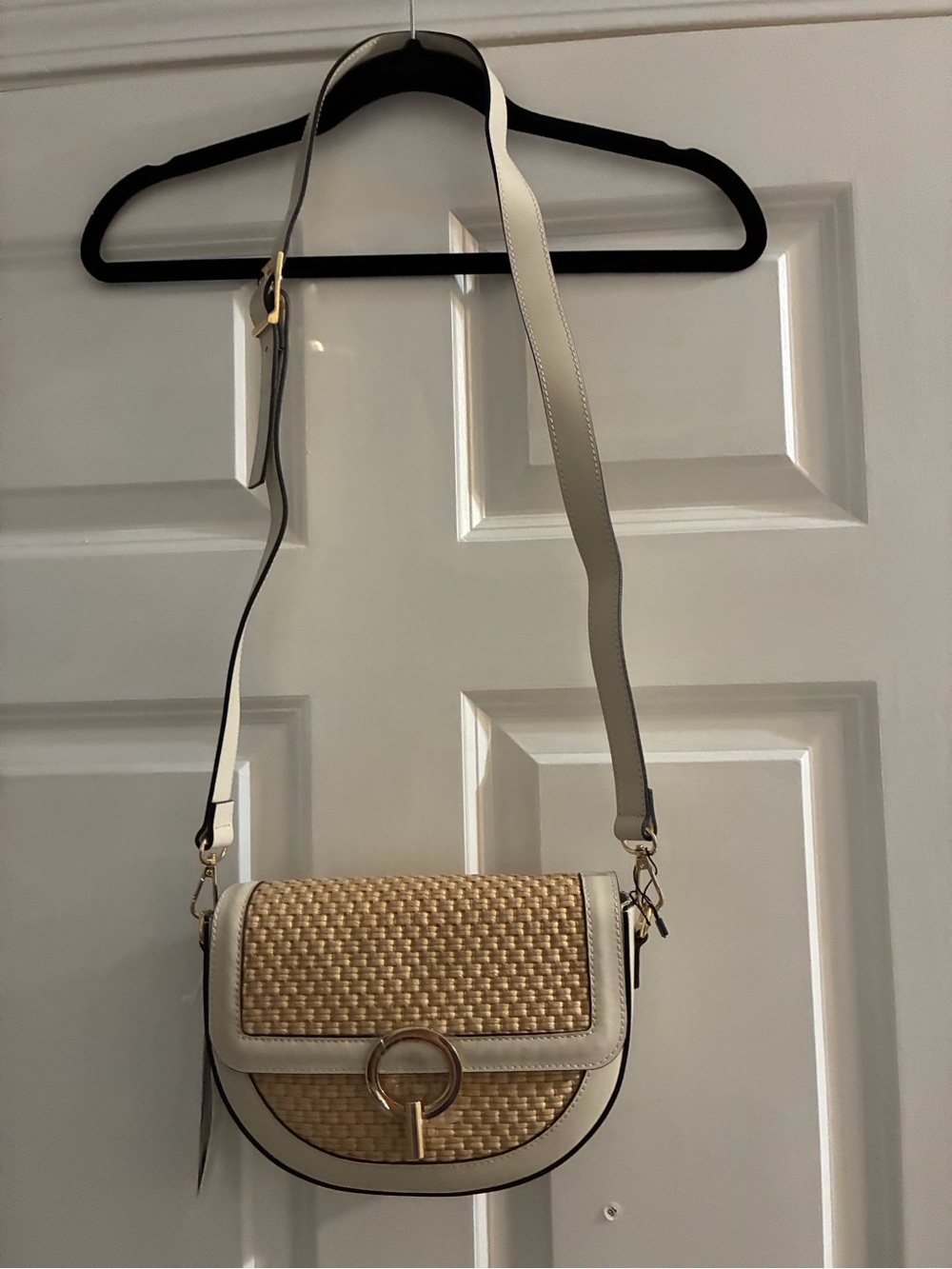 Woven Straw Italian Leather Crossbody with Cream Trim and Gold Ring